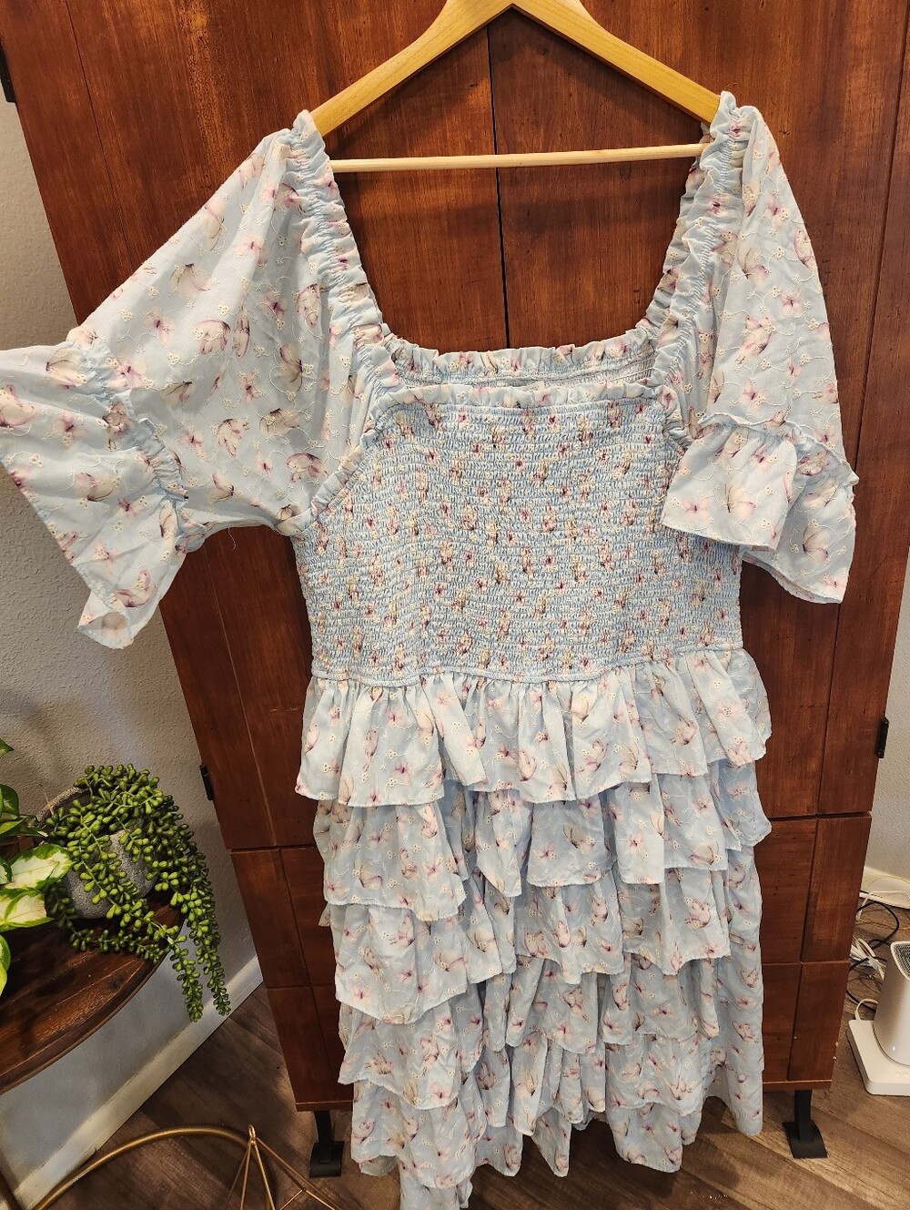 Ivy City Co Smocked Whimsical Tiered Midi Dress Embroidered Butterfly Fairy - Picture 2 of 7